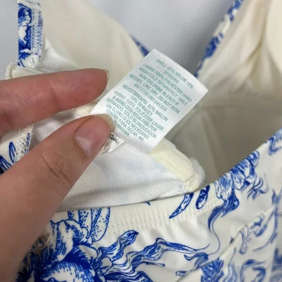 Kona Sol White with Blue Floral Toile Pattern Adjustable One Piece Swimsuit Sz L - Picture 6 of 9
